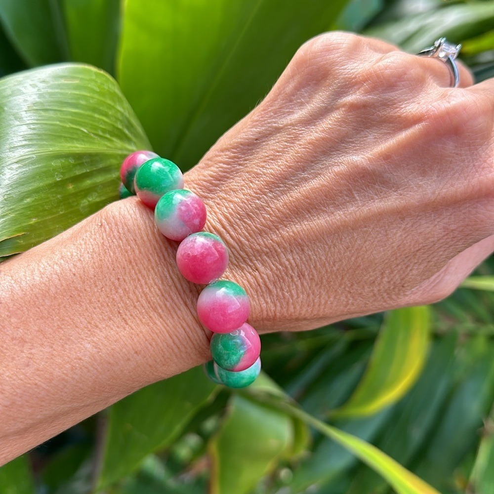 Watermelon Candy Jade Beaded Stretch Bracelet Pink Green Ombre 12mm Round Beads